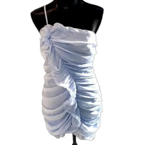 Blue Blush Powder Blue Frilly Ruffle Asymmetric Chiffon Bodycon Mini Dress L - Picture 1 of 6